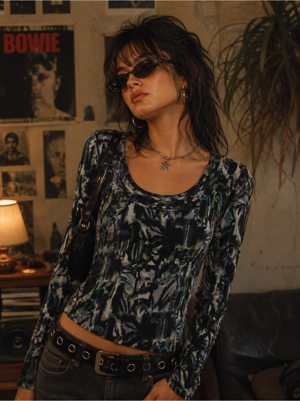 Axcess Scoop Neck Long Sleeve Top in Blue, Green & Black Abstract